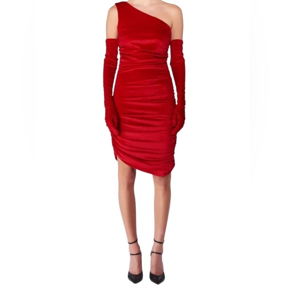 Miscreants Red Velvet One Shoulder Mini Dress w/ Gloves | Size US 6 UK 10